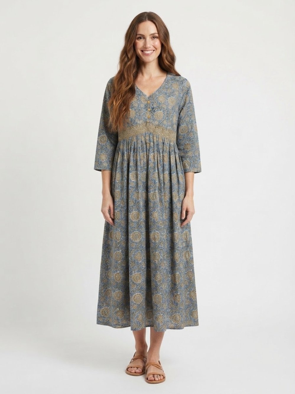 Sukhi Blue Yellow Floral Block Print Midi Dress Women Size M V-Neck 3/4 Sleeve